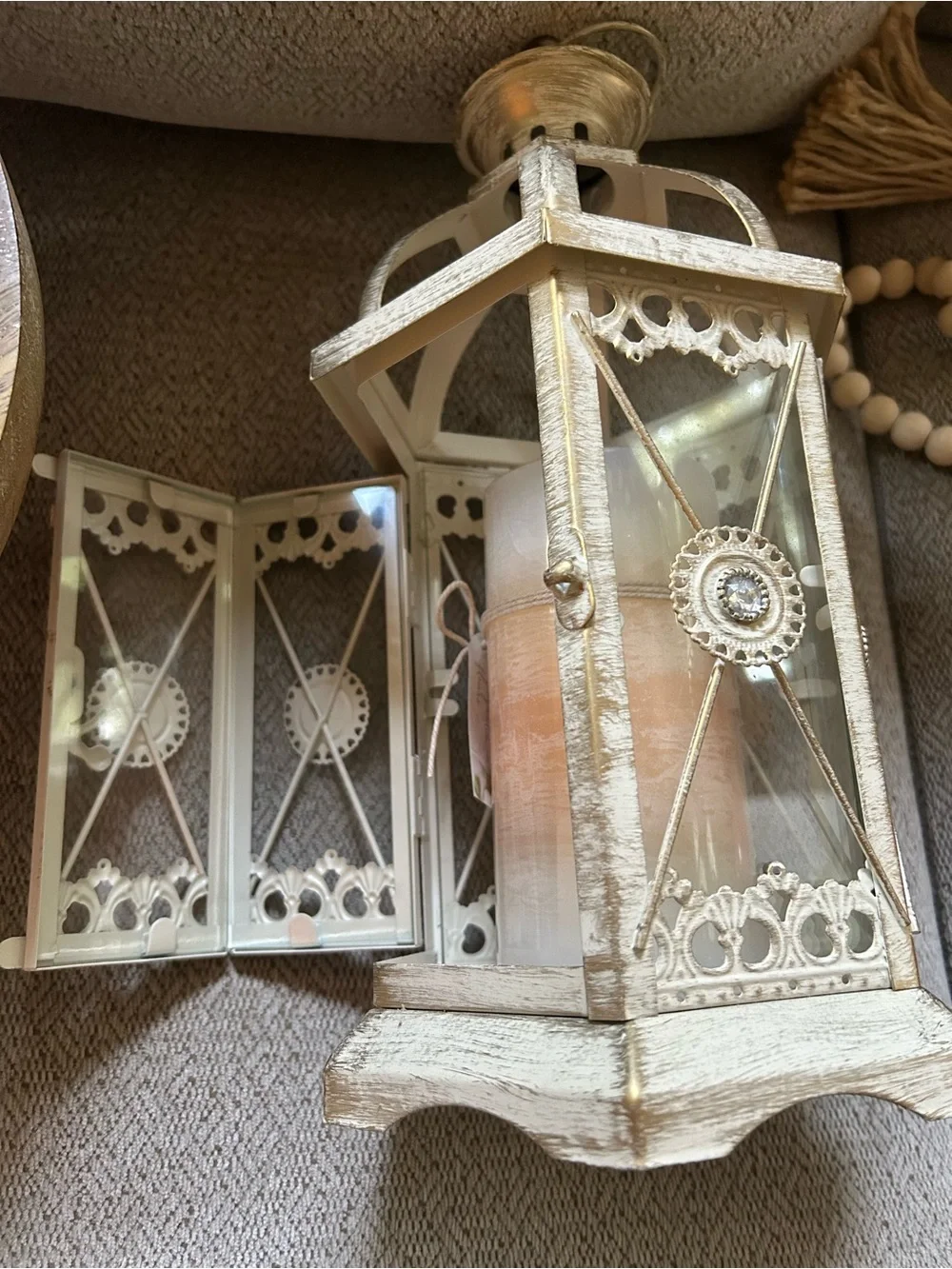Rare Pier 1 Imports Ivory Gold Decorative Metal Lantern Home Accent Wedding